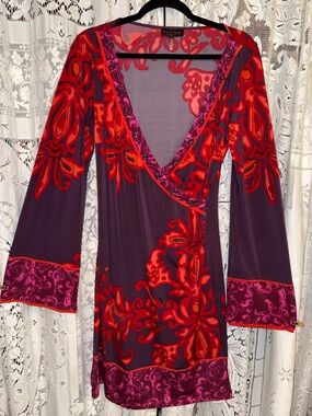 Hale Bob Purple Dress with Red Floral Print